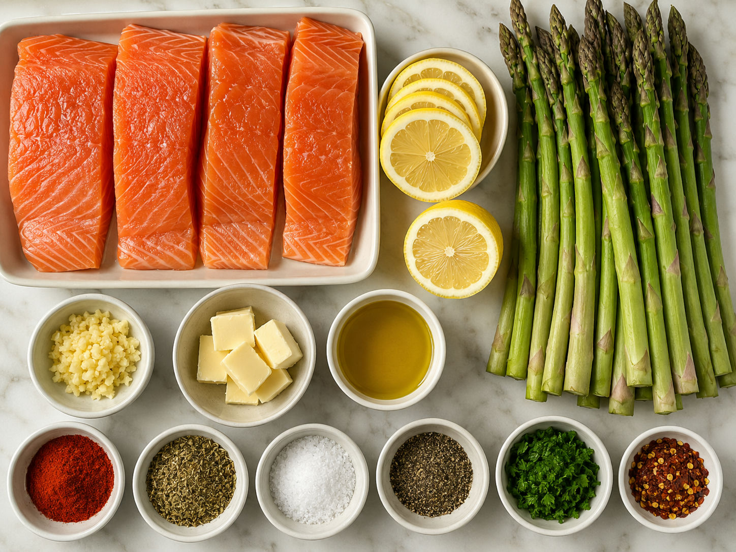 Raw salmon, asparagus, lemon, garlic, butter, herbs, and seasonings