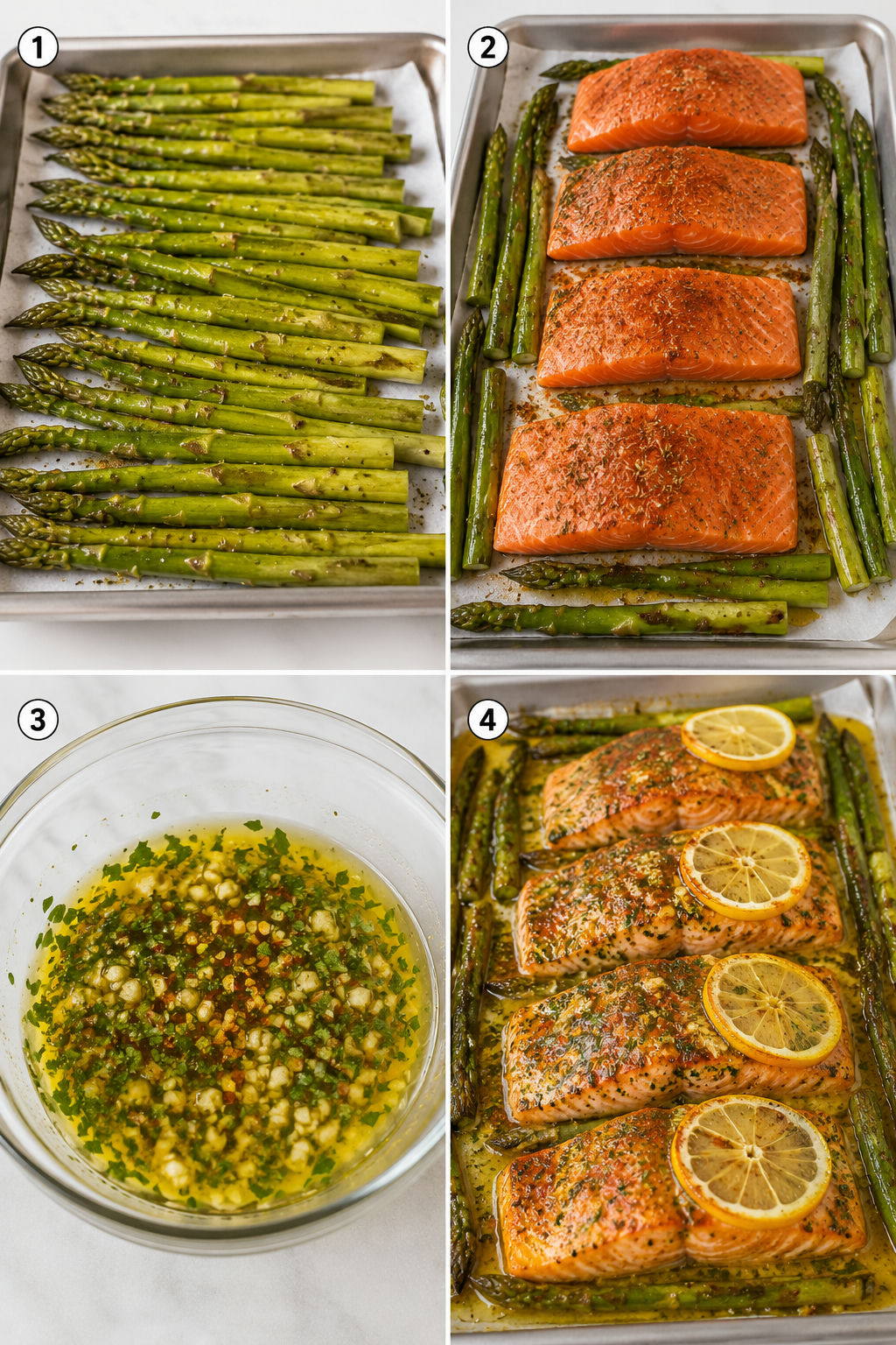 Four steps for baking lemon garlic butter salmon with asparagus