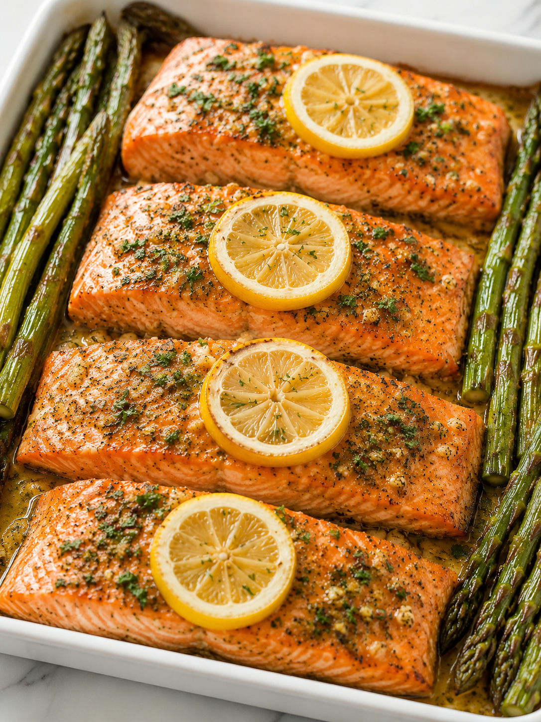 Juicy lemon garlic butter salmon with roasted asparagus and parsley