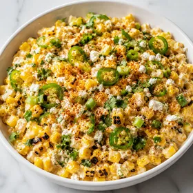 Lime garlic corn salad with cotija, cilantro, jalapeño, and lime