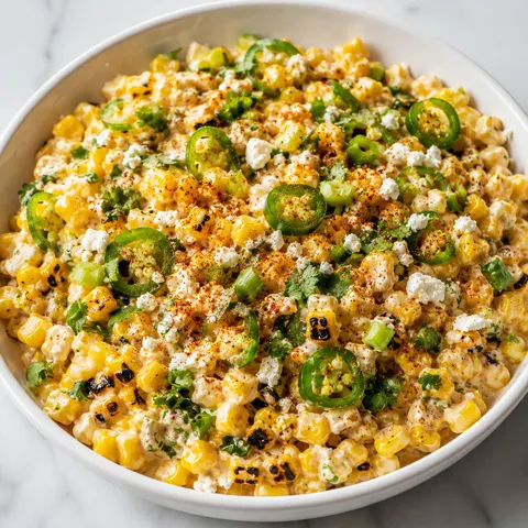 Lime garlic corn salad with cotija, cilantro, jalapeño, and lime