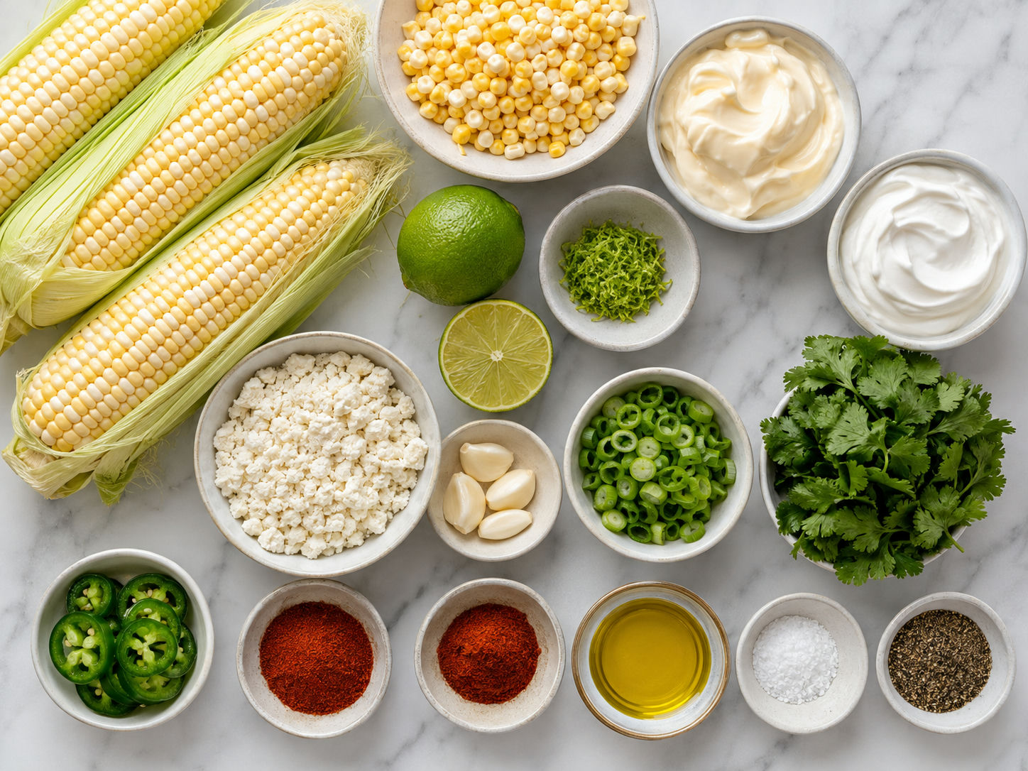 Corn salad ingredients with limes, garlic, cotija, cilantro, and jalapeño