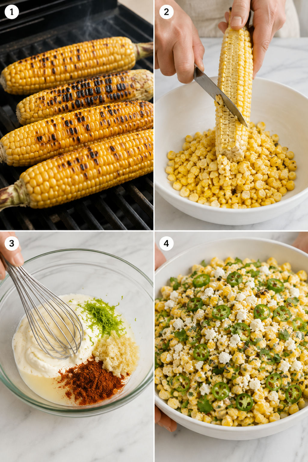 Four steps for making lime garlic corn salad from charring to tossing