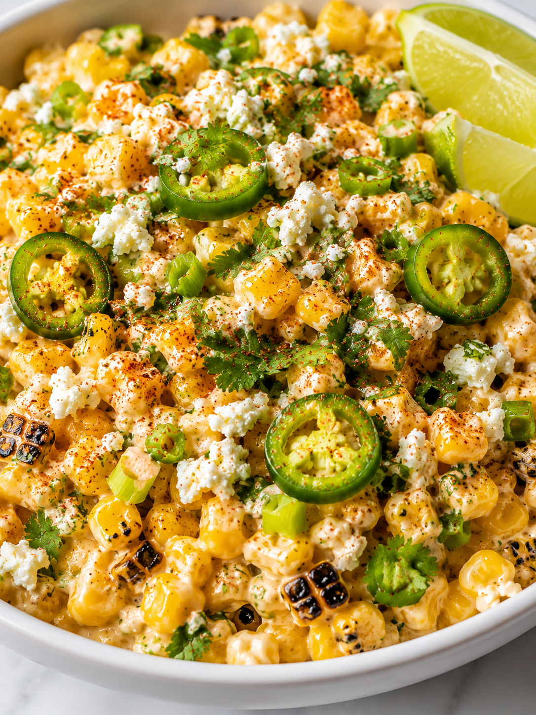 Lime garlic corn salad filling a bowl with cotija, cilantro, and lime