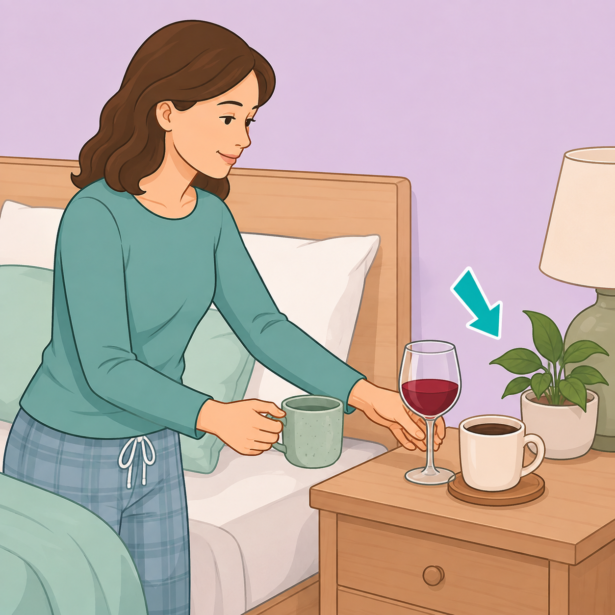 Woman choosing a caffeine-free bedtime drink while setting aside alcohol and coffee.