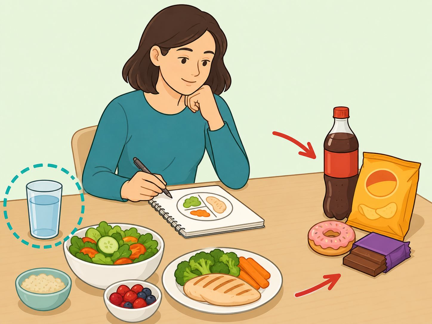 Illustration of a person choosing water and a balanced meal while setting aside common bloating trigger foods.