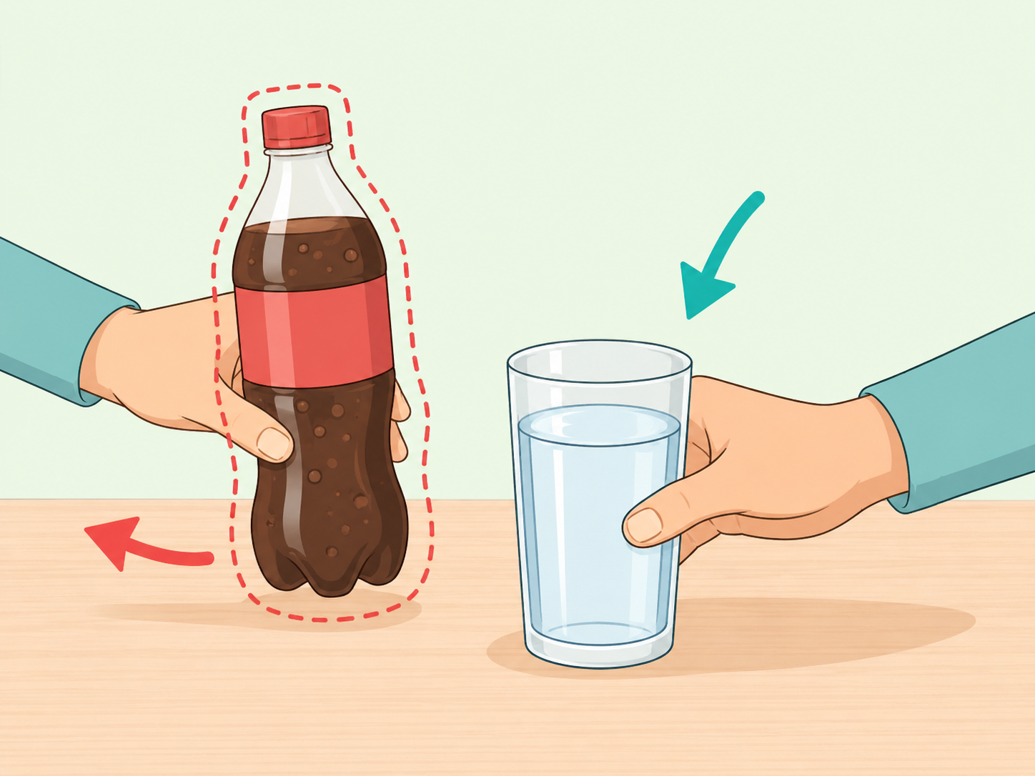 A hand swapping a sugary drink for a glass of water.