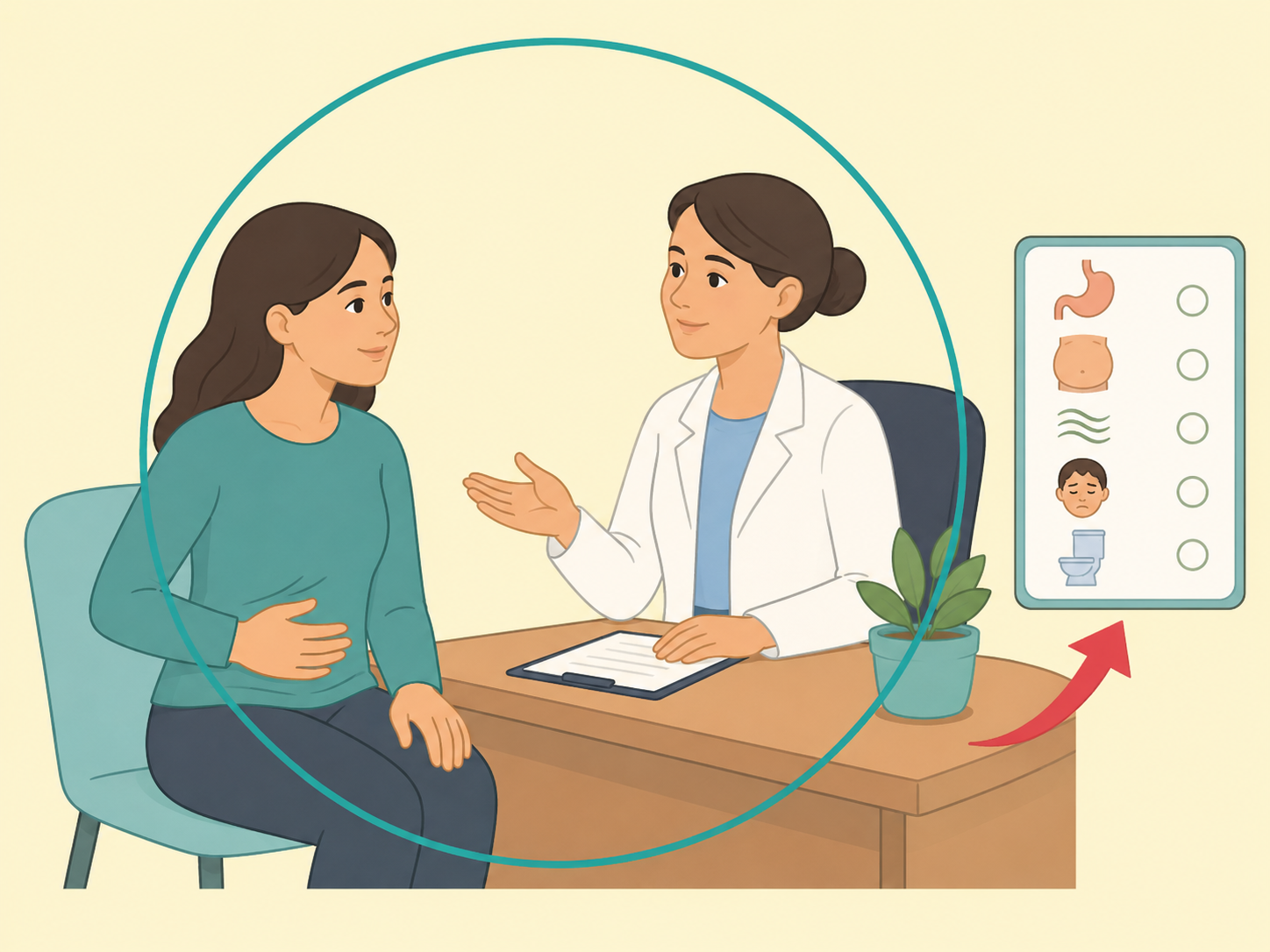 A person discussing frequent bloating symptoms with a healthcare professional.