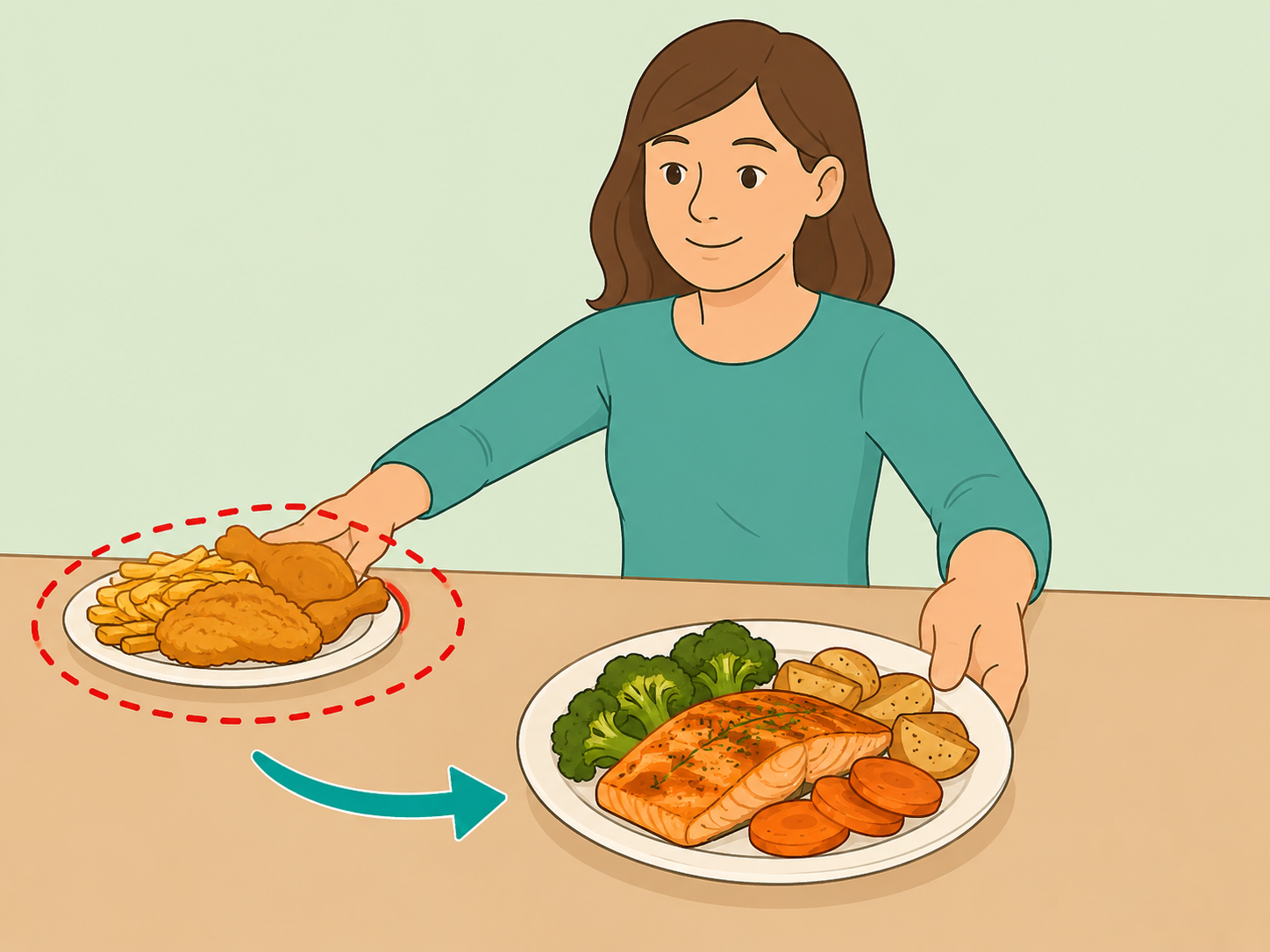 Fried food set aside in favor of a baked meal with vegetables.