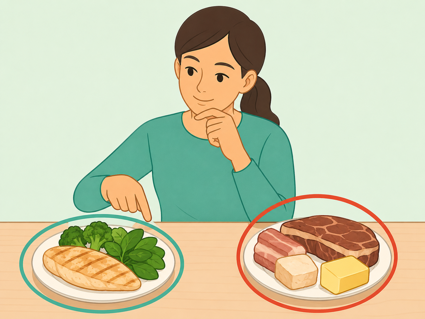 A person selecting lean protein instead of fatty meat and butter.