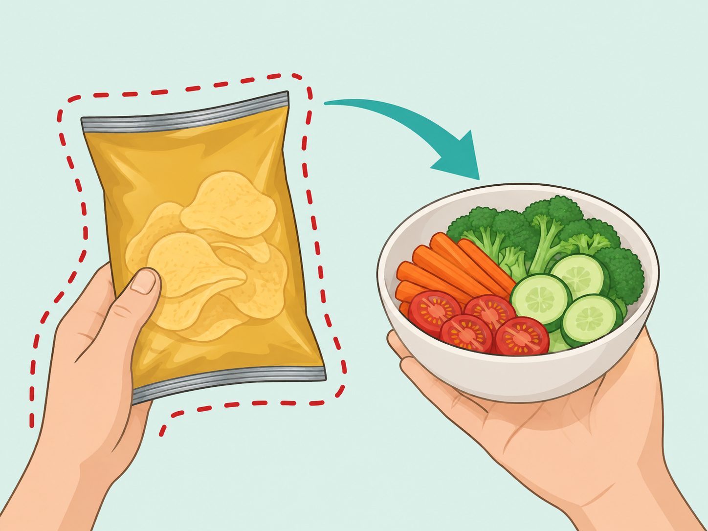 Hands choosing a fresh meal instead of a salty packaged snack.