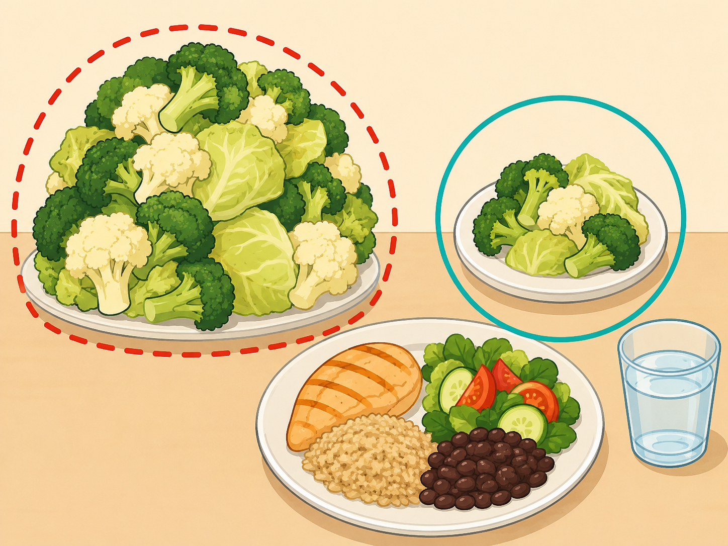 A modest cooked portion of cruciferous vegetables beside a balanced meal.