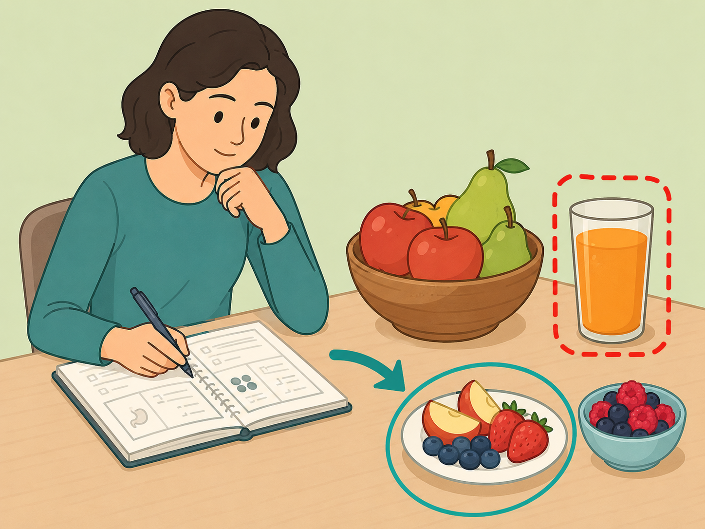 A person noting fruit and juice choices to identify bloating triggers.