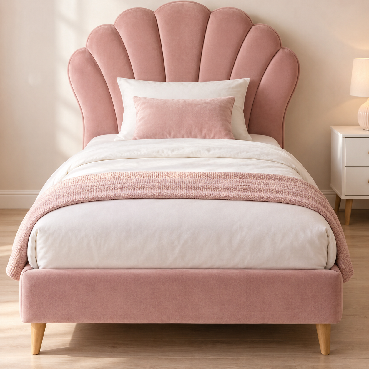 Blush pink shell headboard single bed with white bedding