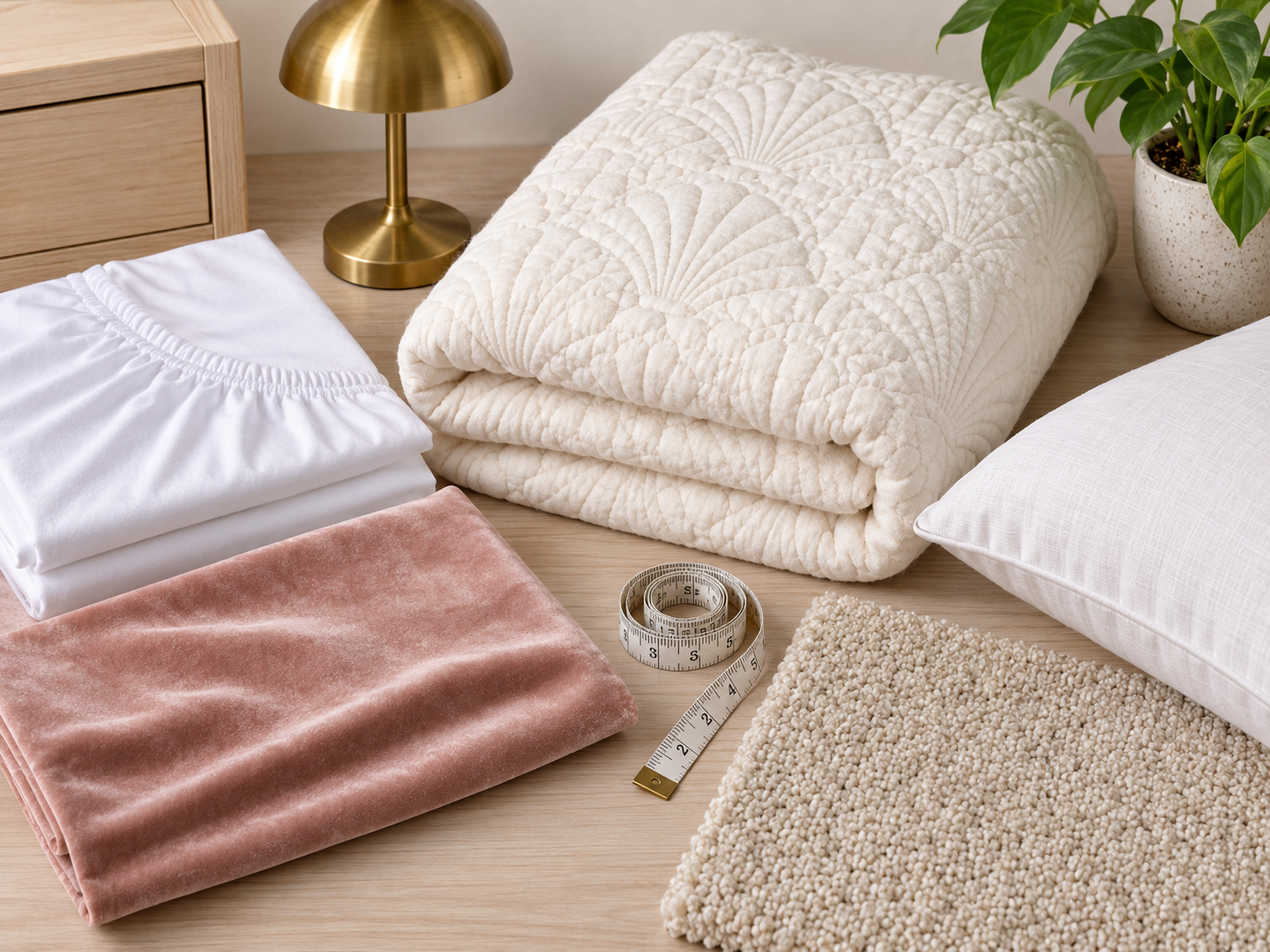 Bedroom styling pieces for a shell headboard bed on pale wood
