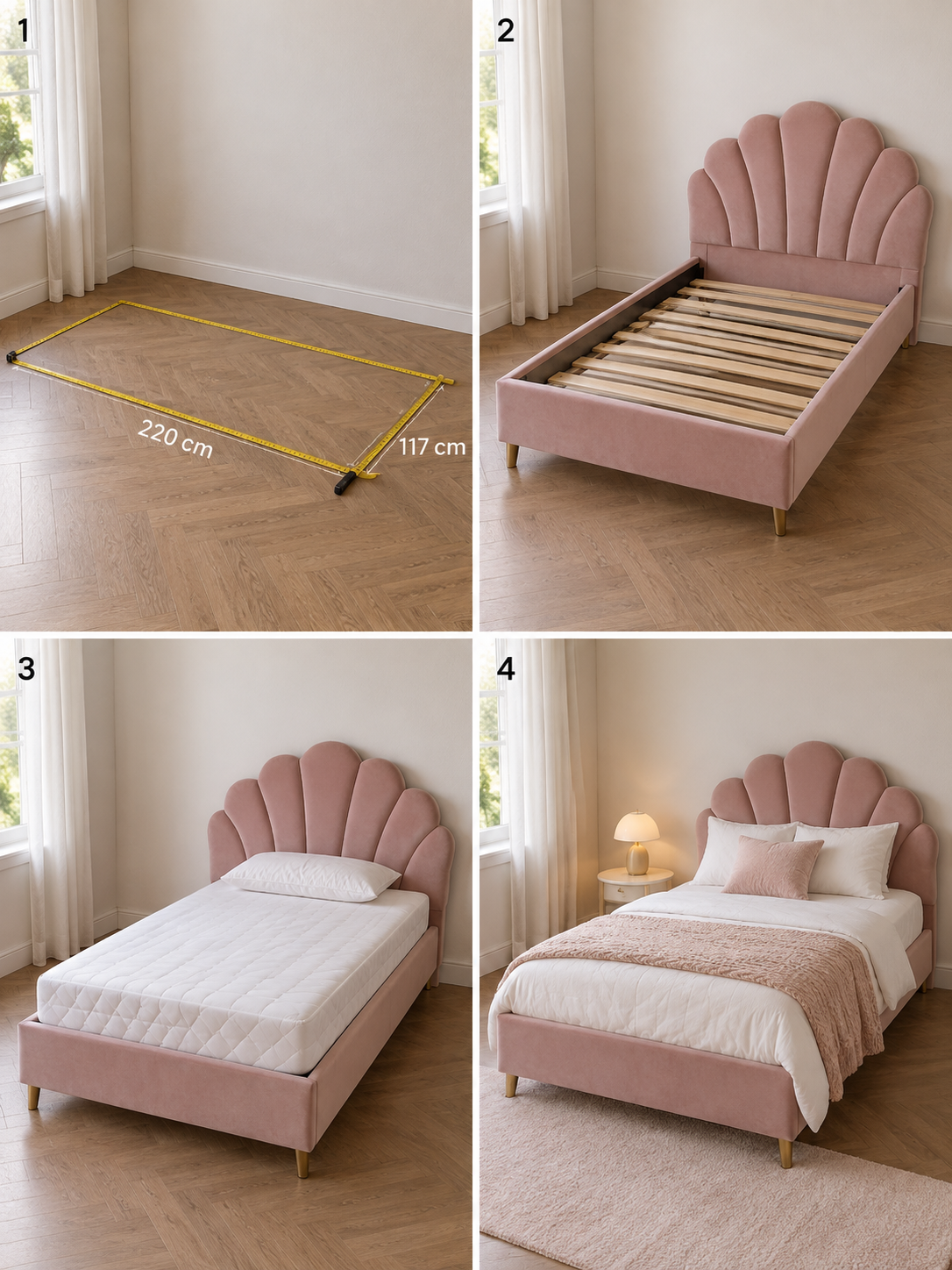 Four room planning steps for a blush shell headboard bed
