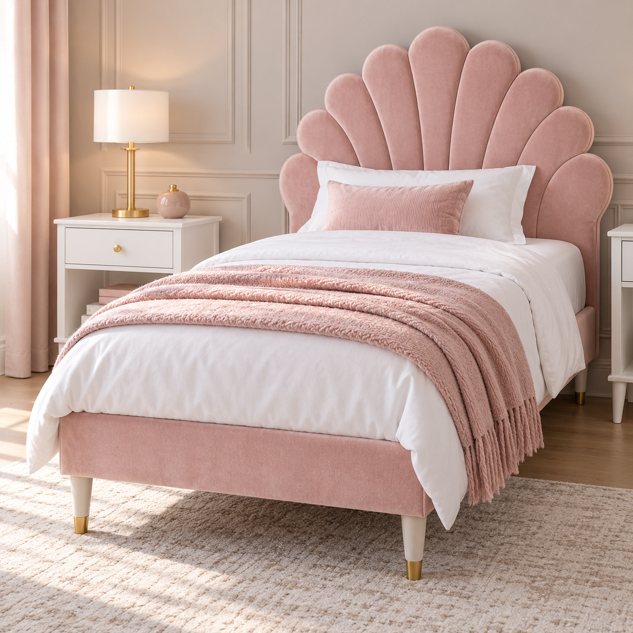Blush pink shell-shaped single bed with cream bedding in a bright bedroom