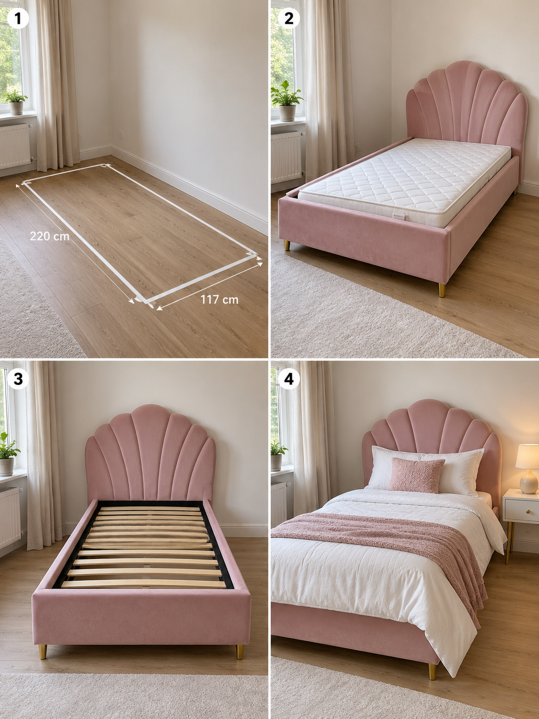 Four setup steps for measuring, placing, bedding, and styling a shell bed