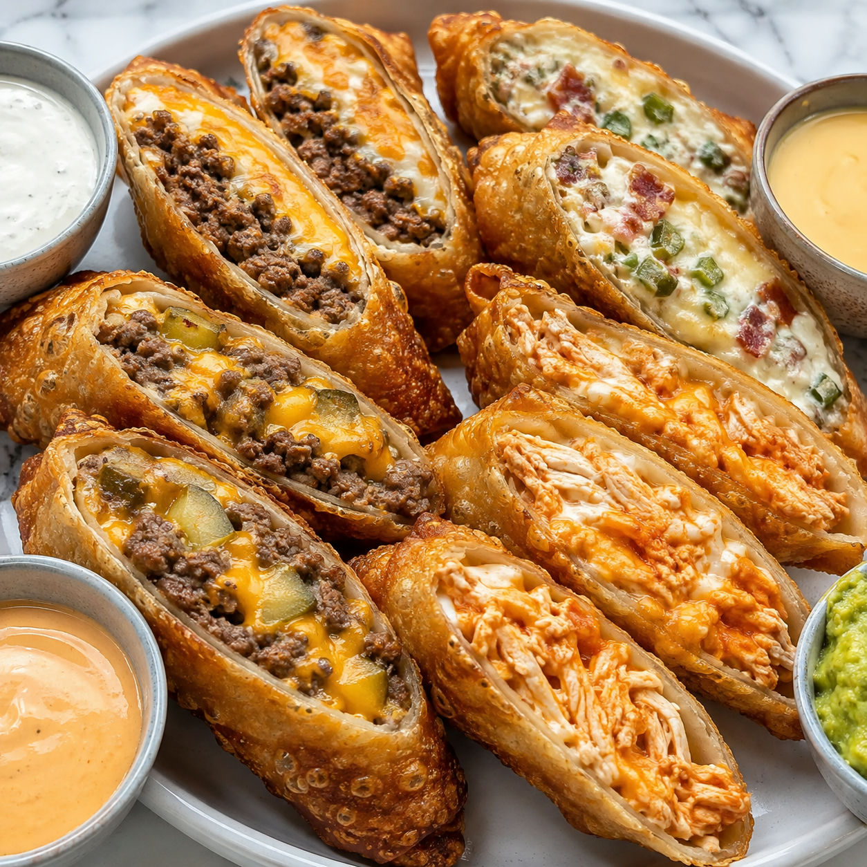 Loaded egg rolls with four cheesy fillings and dipping sauces