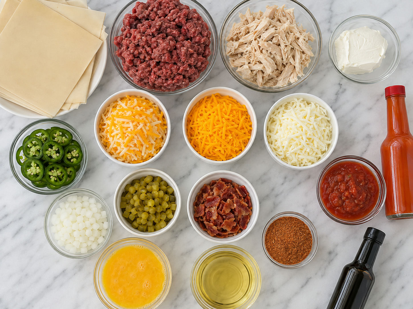 Ingredients for loaded egg rolls with wrappers, beef, chicken, cheese, and jalapenos