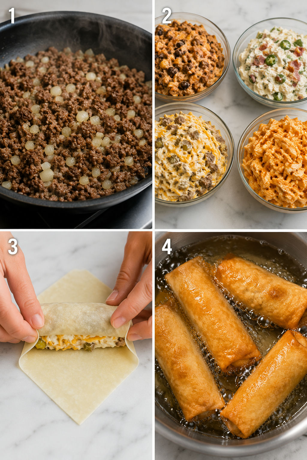 Four cooking steps for making loaded egg rolls