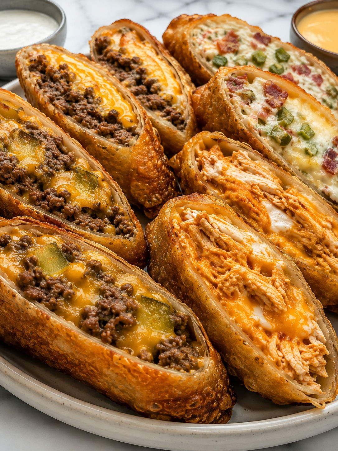 Crispy loaded egg rolls cut open with cheesy party fillings