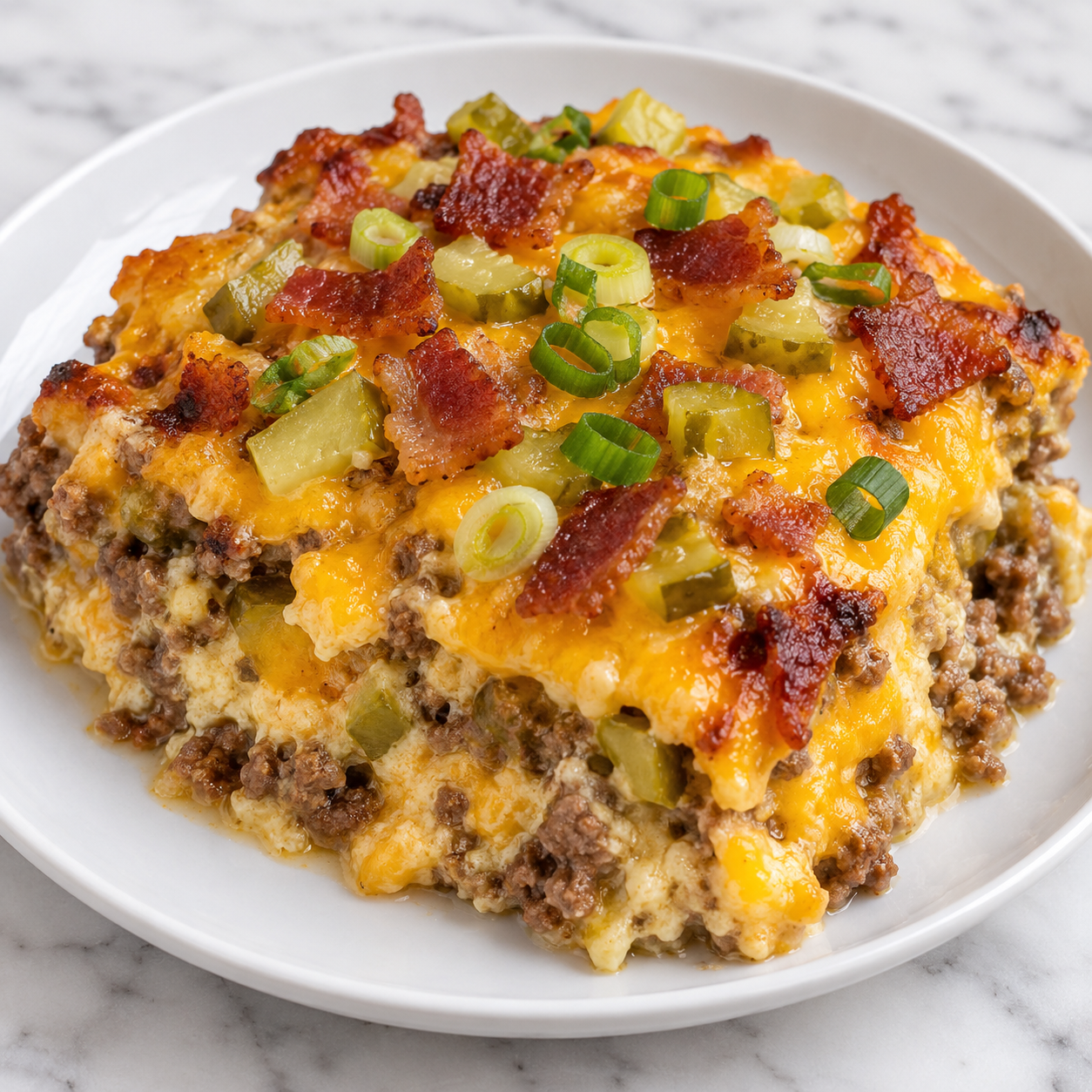 Low carb bacon cheeseburger casserole with cheddar, bacon, pickles, and scallions