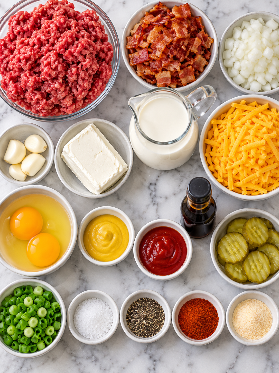 Ingredients for low carb bacon cheeseburger casserole on a wood surface