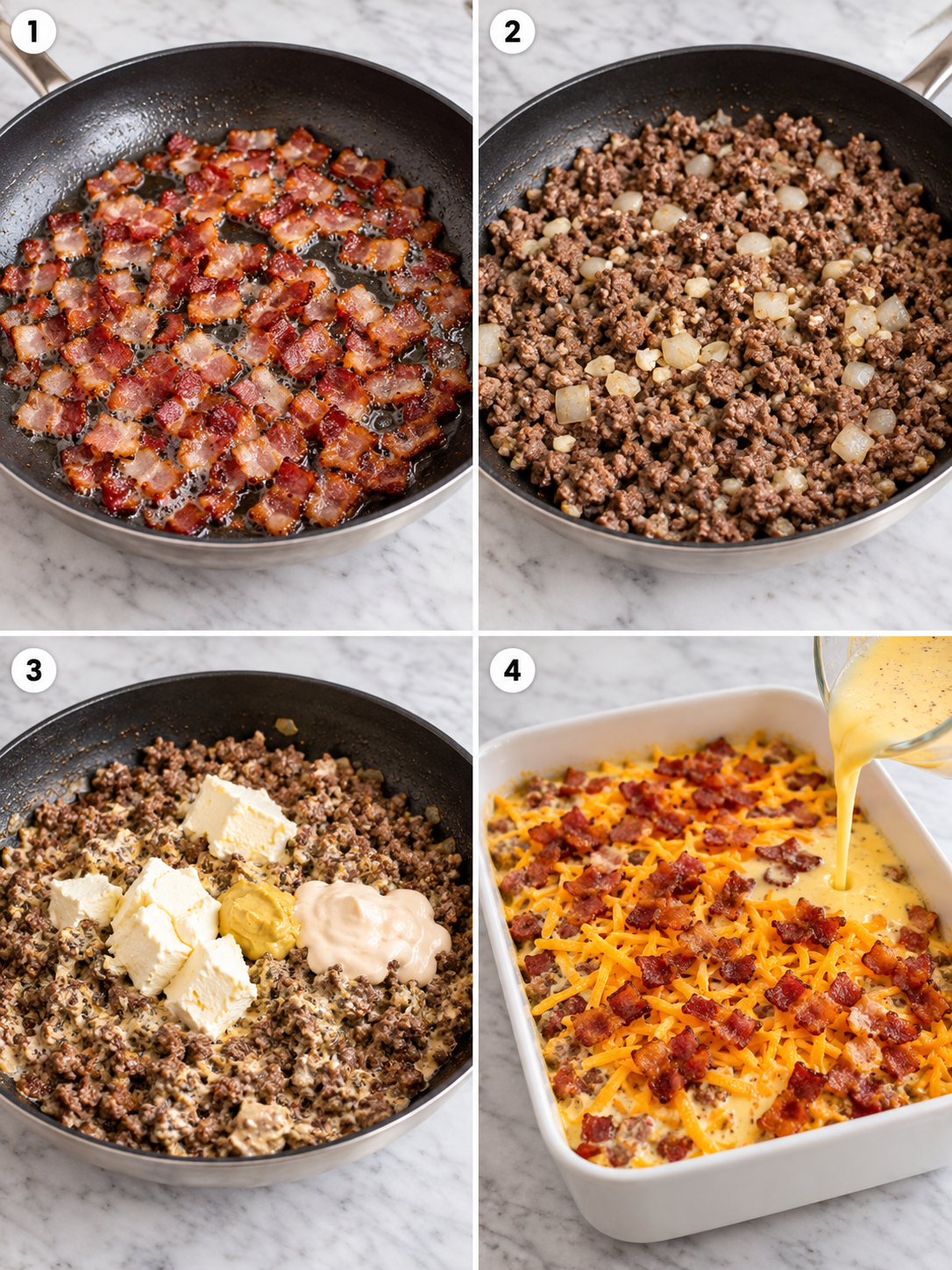 Four cooking steps for low carb bacon cheeseburger casserole