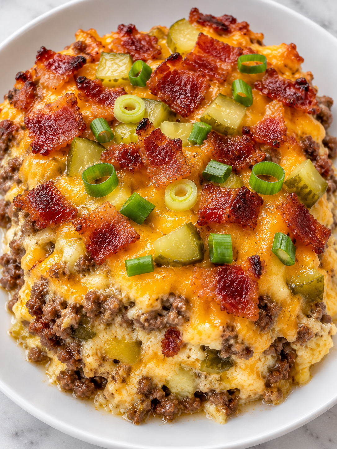 Cheesy low carb bacon cheeseburger casserole slice with pickles and scallions