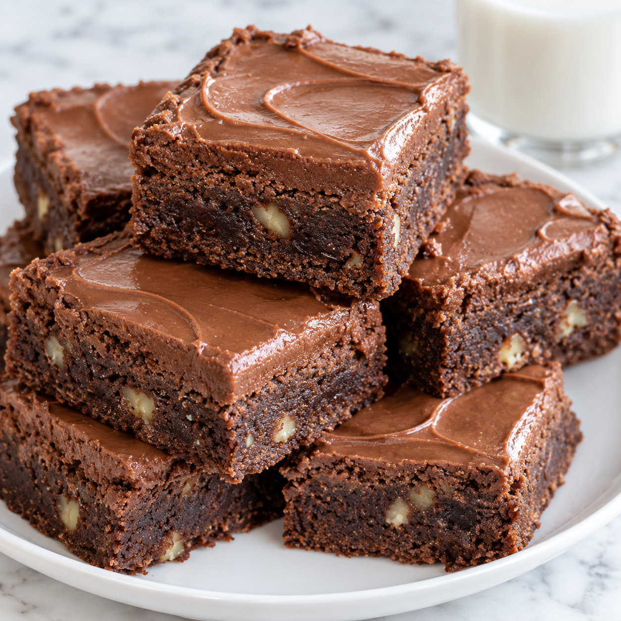 Stacked Lunch Lady Brownies with glossy chocolate frosting