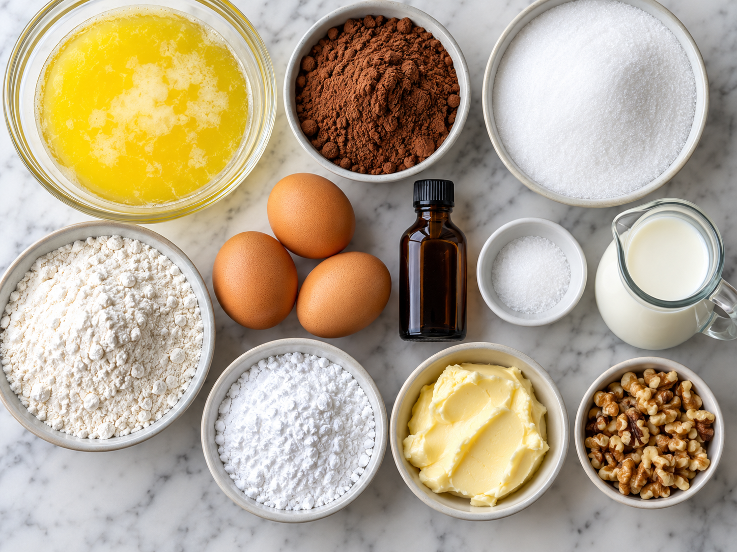 Ingredients for Lunch Lady Brownies with cocoa, butter, eggs, flour, and sugar