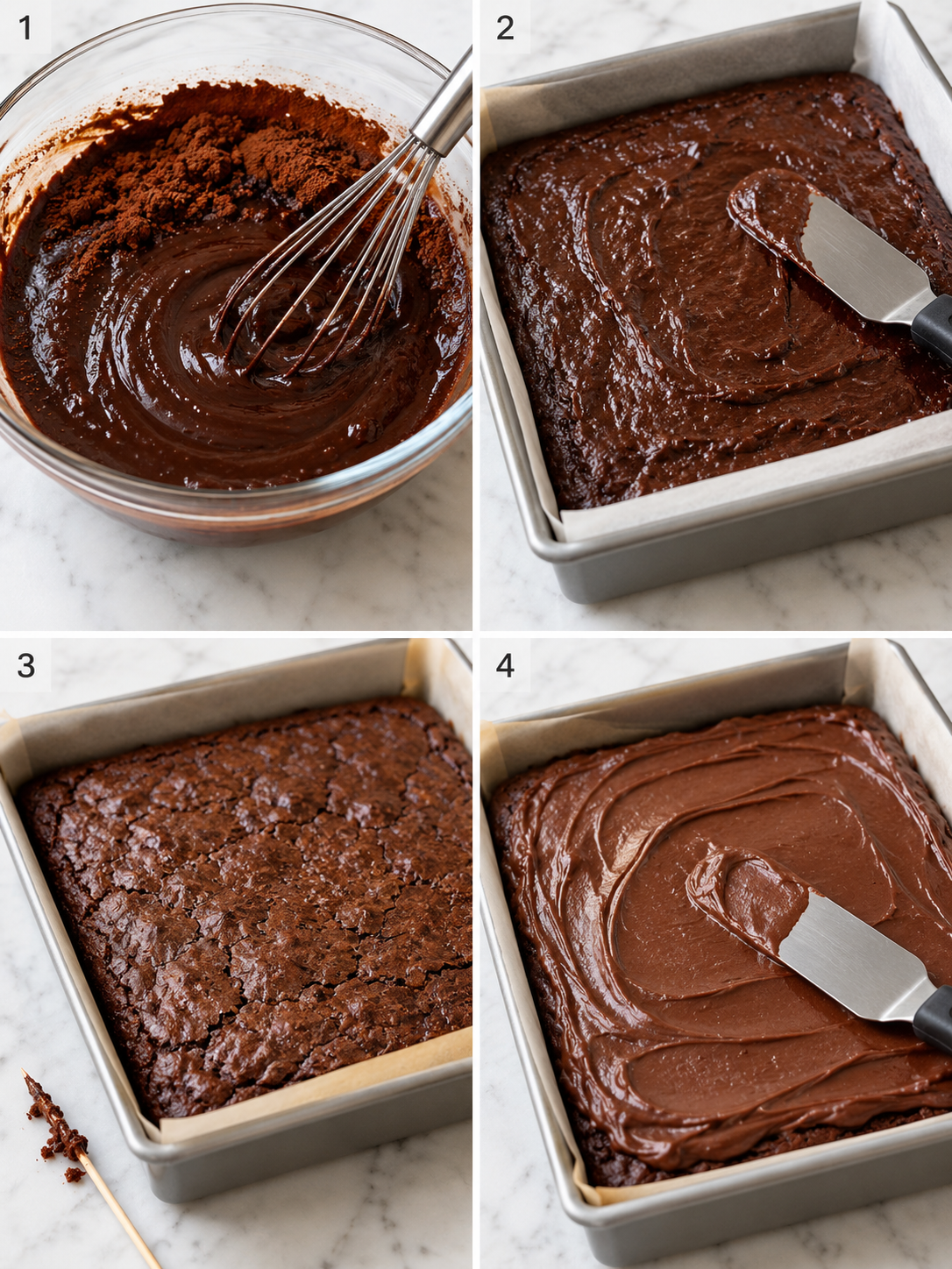 Four steps for making Lunch Lady Brownies from cocoa batter to frosting