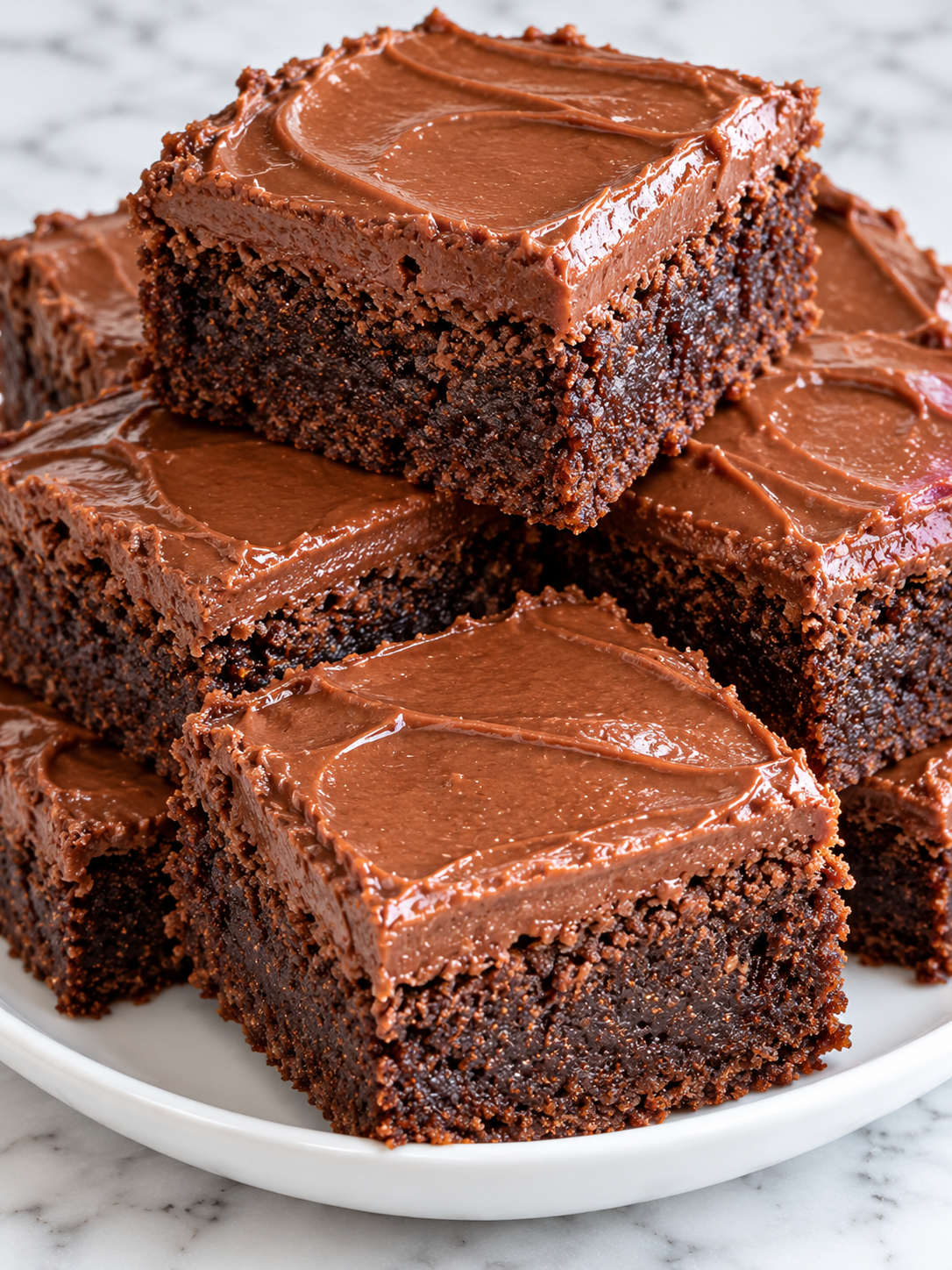 Glossy frosted Lunch Lady Brownies stacked on a white plate