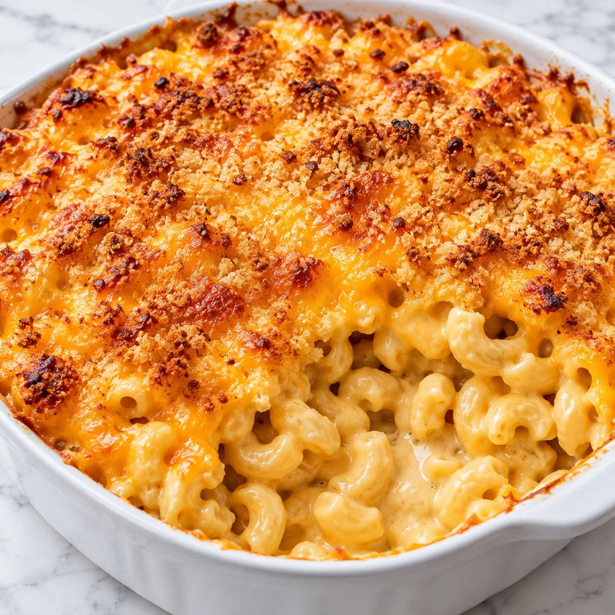 Creamy baked mac n cheese with golden cheddar topping in a white dish