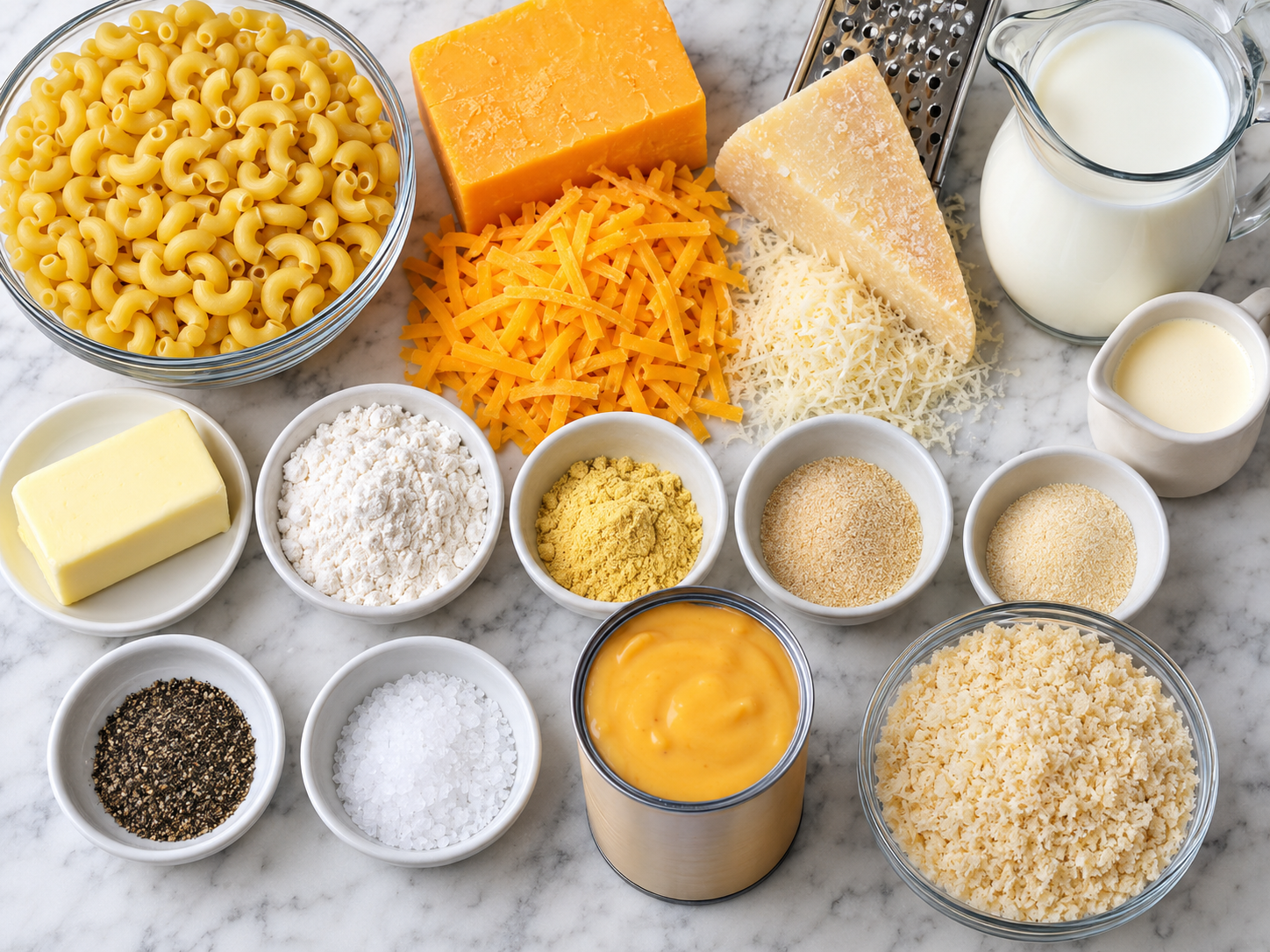 Ingredients for baked mac n cheese with cheddar, macaroni, milk, butter, and panko