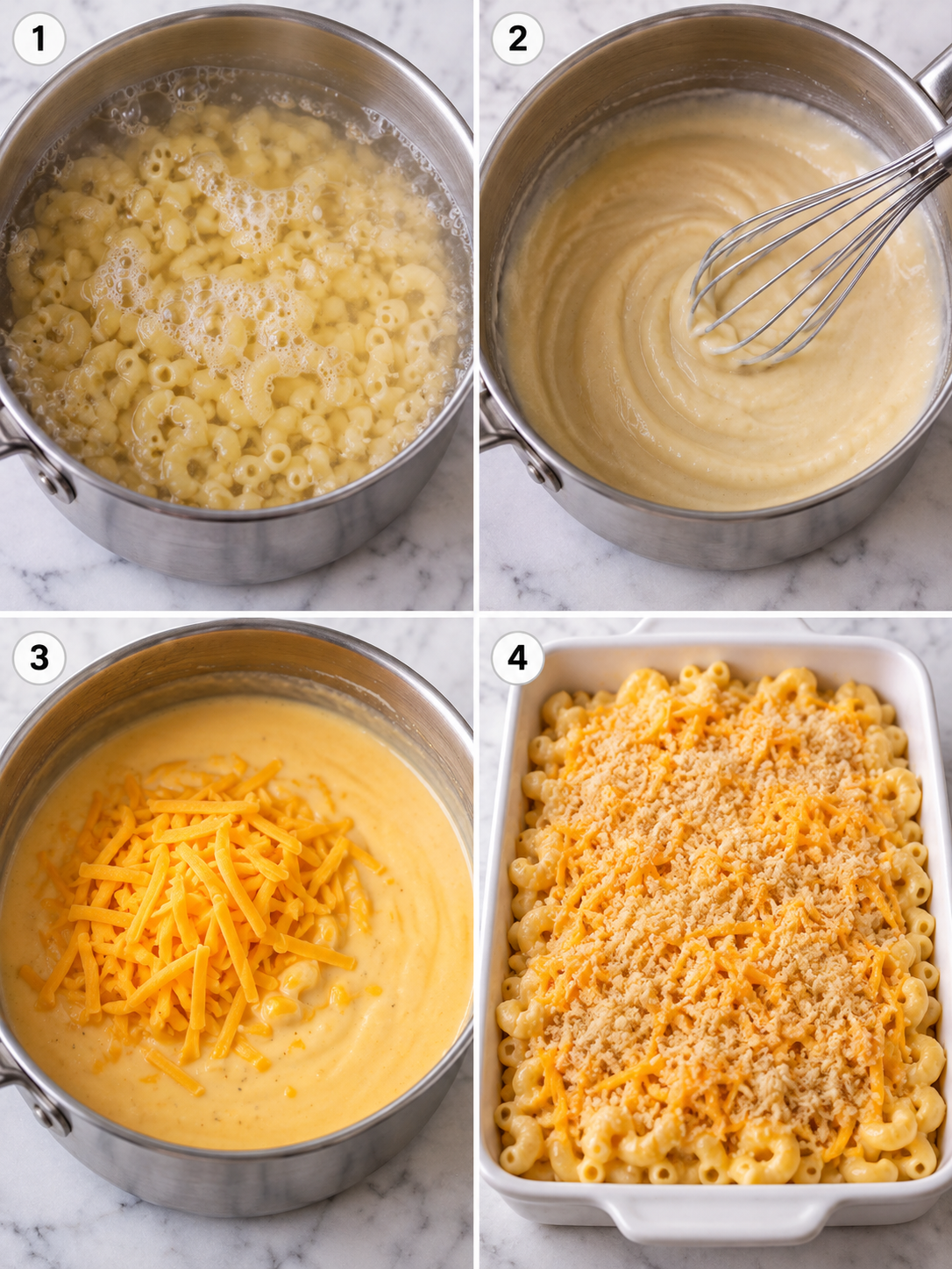 Four cooking steps for baked mac n cheese from roux to topping