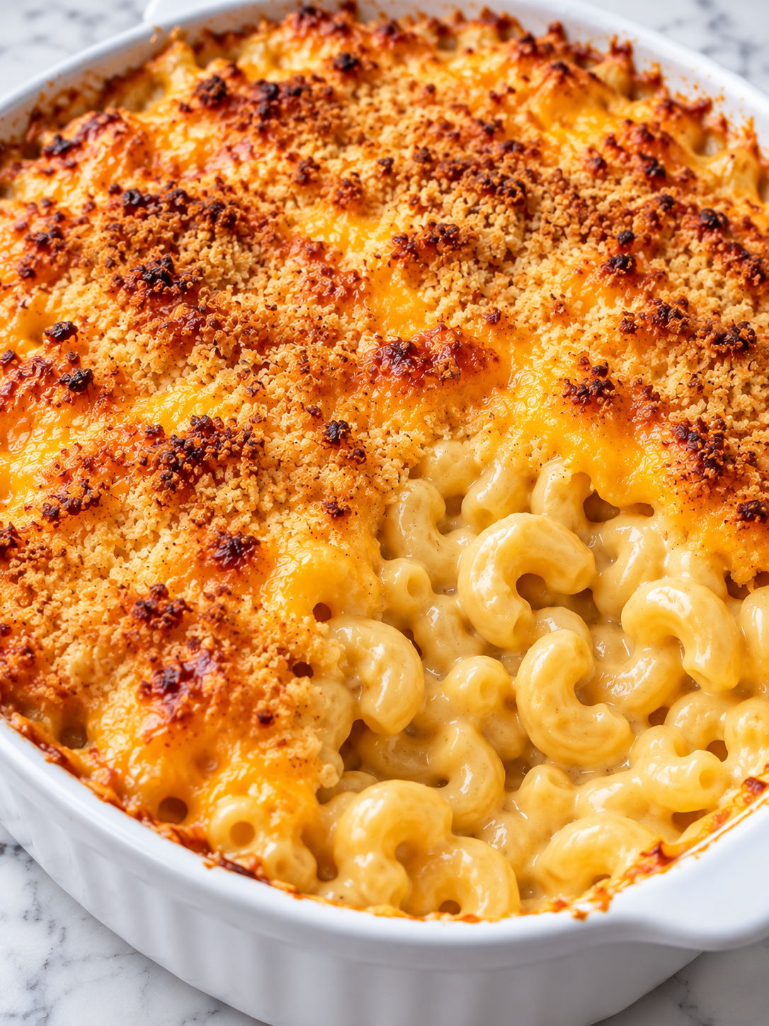 Baked mac n cheese with a creamy cheddar scoop and golden panko topping