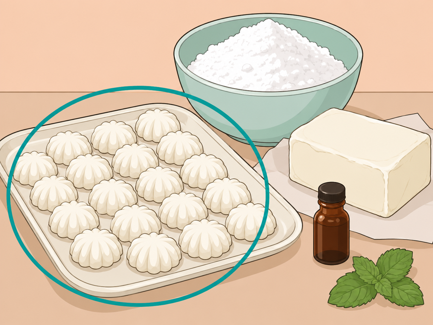 Illustration of finished wedding mints beside cream cheese, powdered sugar, and peppermint extract.