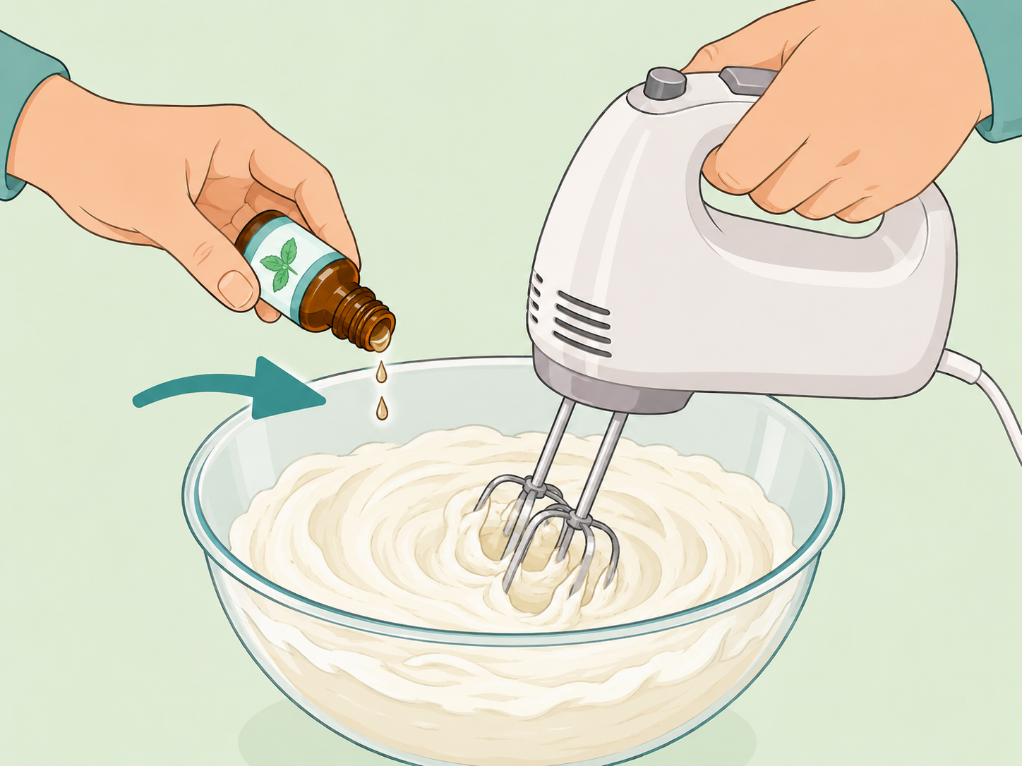 Peppermint extract being mixed into softened cream cheese.