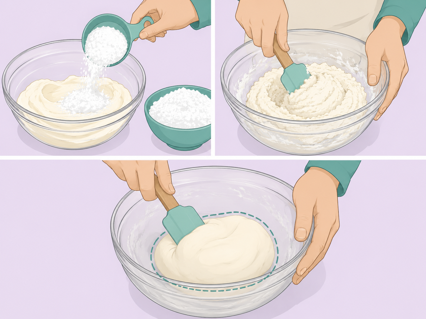 Powdered sugar being mixed into cream cheese mint dough.