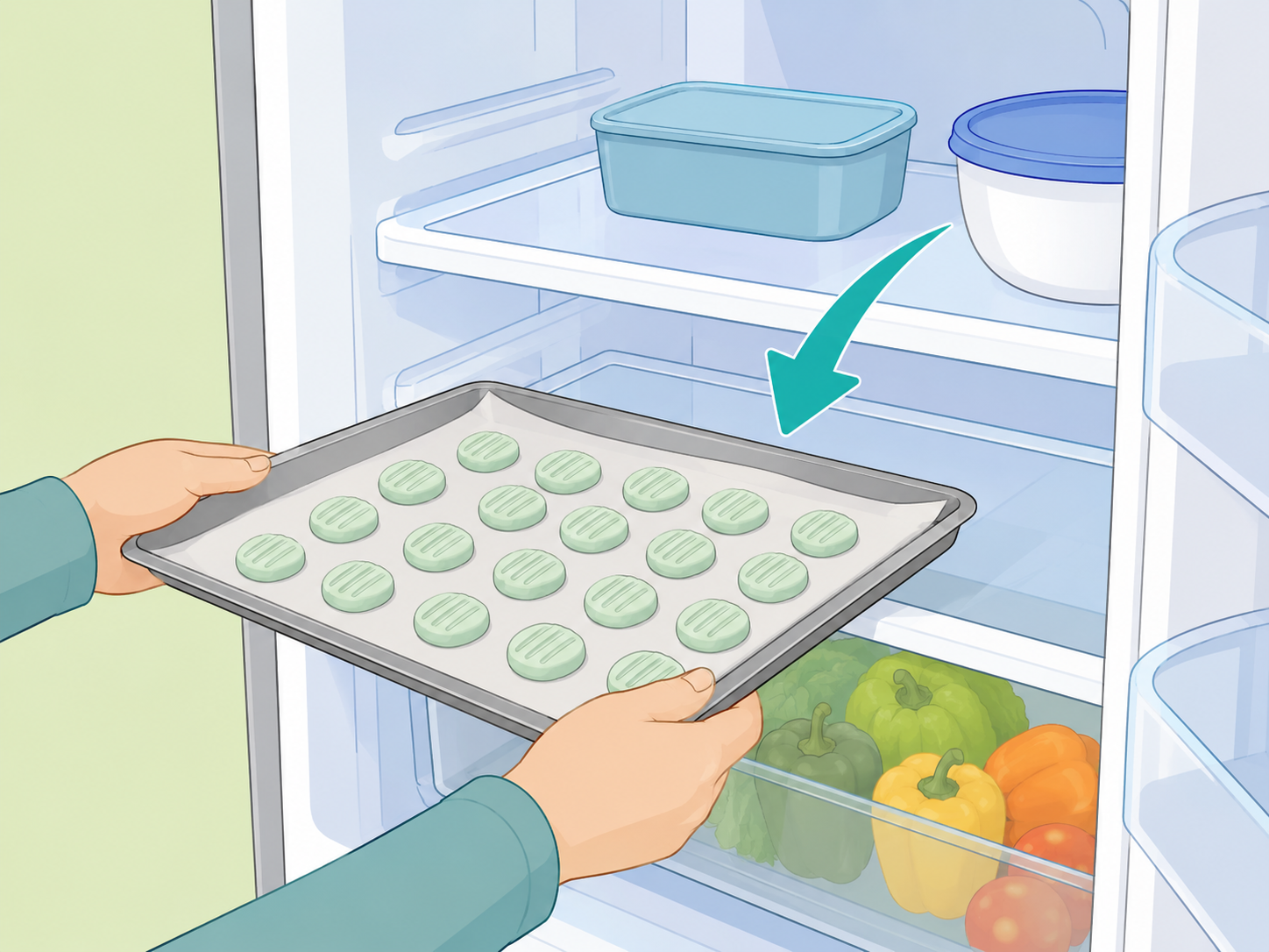 A tray of shaped wedding mints being chilled in the refrigerator.