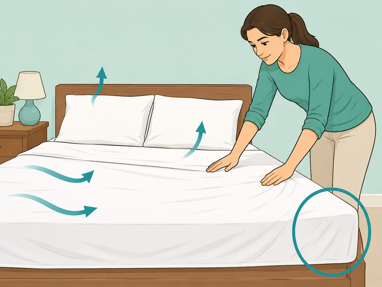 Person smoothing a barely damp sheet on a bed with airflow shown around the bedding.
