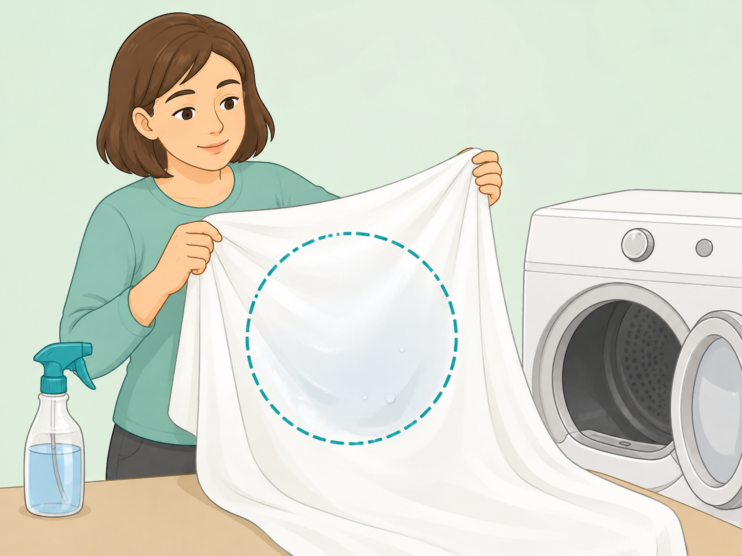 Person looking at a lightly damp sheet to understand the smoothing trick.