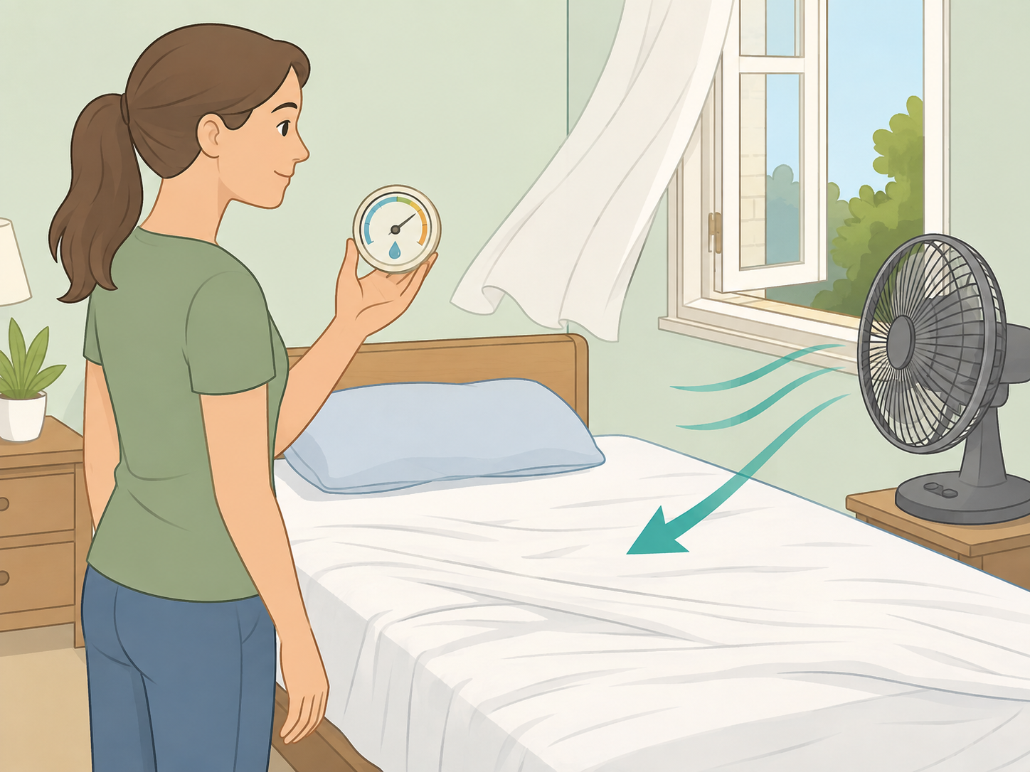 Person checking room airflow and humidity before making the bed.
