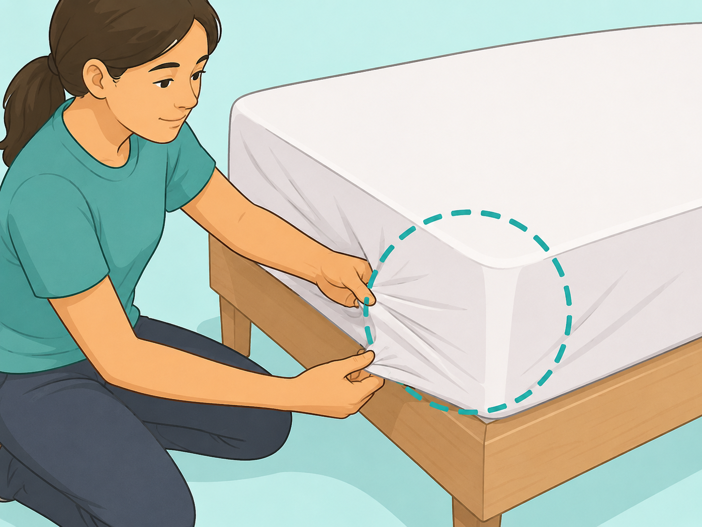 Person stretching a fitted sheet smoothly over a mattress corner.