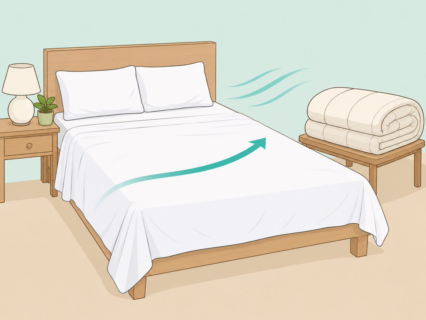 Top sheet drying before a comforter is added.