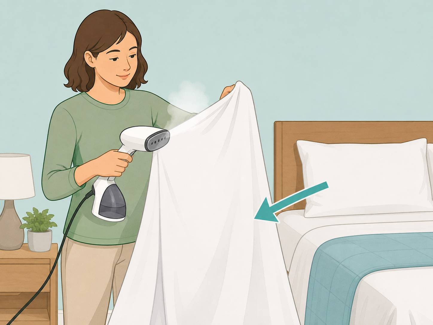 Person using a dry wrinkle-removal method on bed sheets.