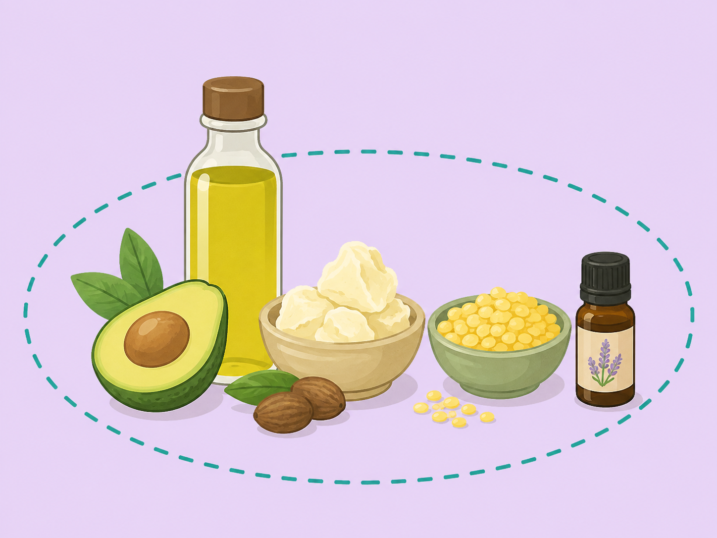 Simple ingredients for avocado and lavender skin balm arranged on a clean surface.