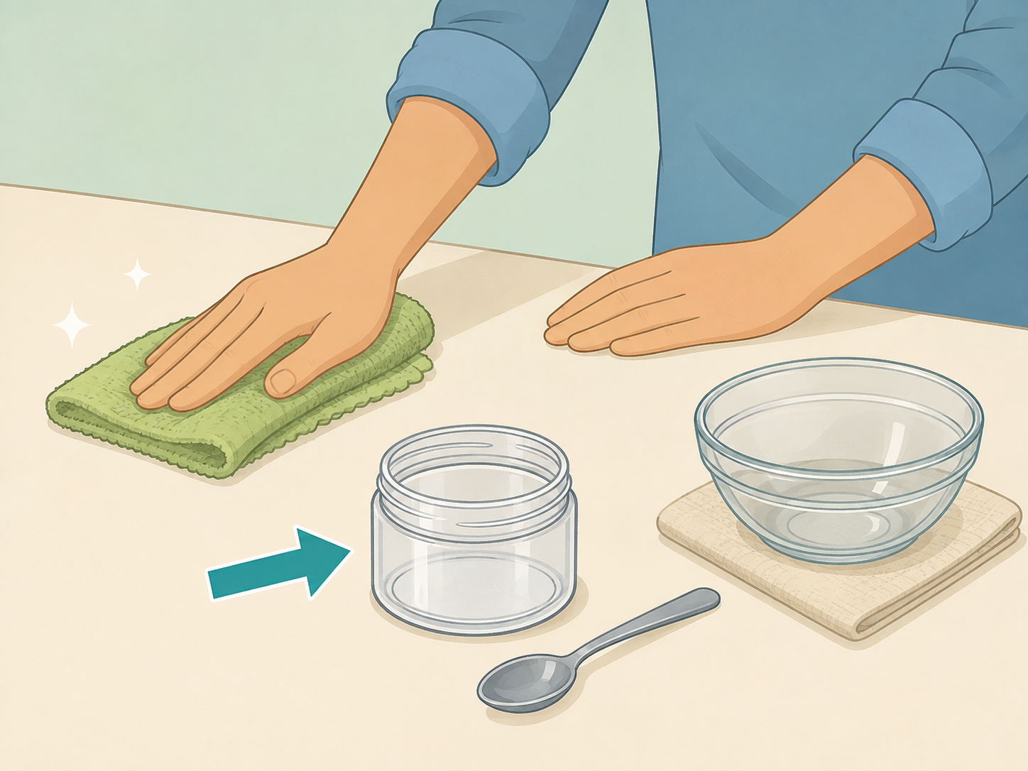 Hands cleaning tools and a dry container before making skin balm.